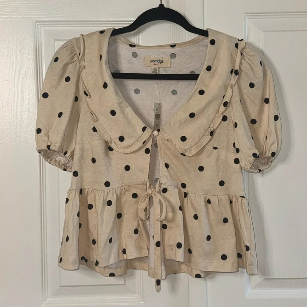 NWOT Anthropologie Cream Polka Dot Women's Peplum Linen Tie-Front Bubble Top - Picture 3 of 7